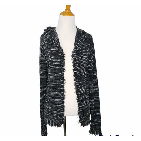 Nordstrom Studio 121 Fringe Trim Cardigan Black Clasp Close Medium - Picture 1 of 10